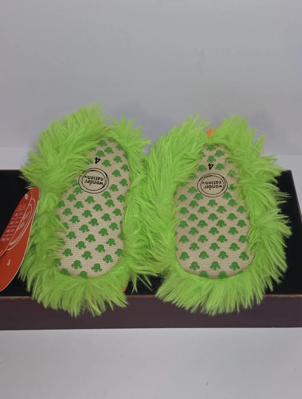 Wonder Nation Baby Toddler Dinosaur Paw Fuzzy Slippers Green Orange Size 2 3 4 5